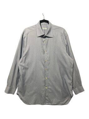 Kiton Shirt Men’s Size 17.5/44 Blue White Plaid Cotton Long Sleeve Italy